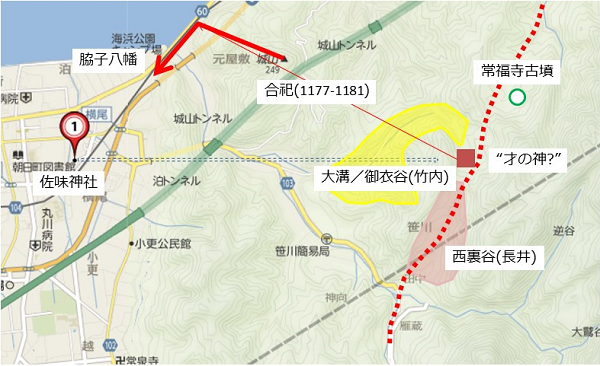 図 佐味神社から見た真東の延長地図