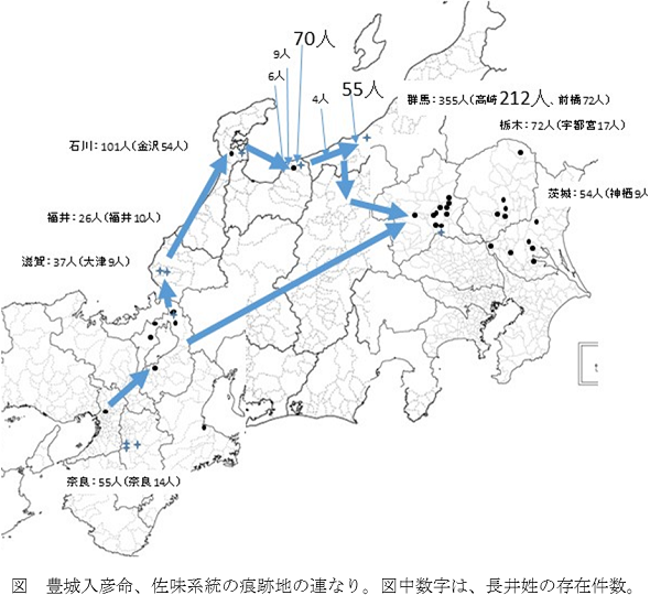 図 豊城入彦命、佐味系統の痕跡地の連なり