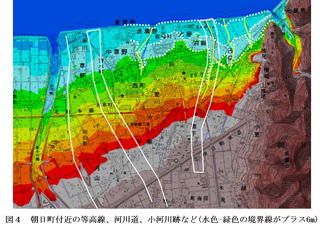 図4 朝日町付近の等高線,河川道,小河川跡など