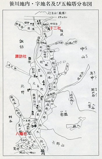 笹川地内･字地名及び五輪塔分布図